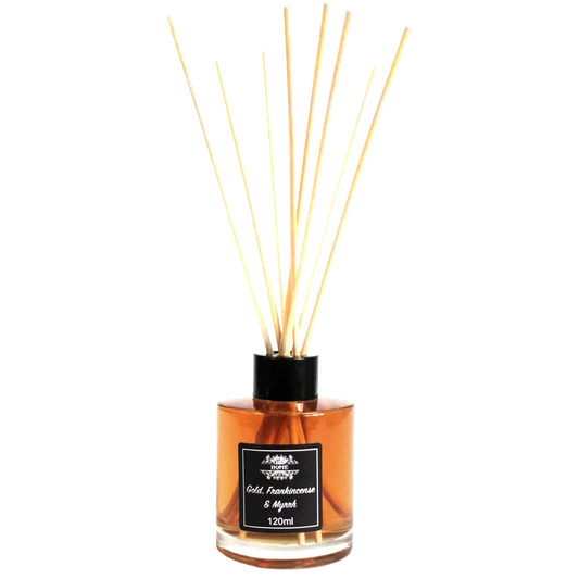 Zelyth Elegant Rituals Reed Diffuser with the luxurious blend of gold, frankincense, and myrrh, creating a warm, opulent atmosphere in any space.