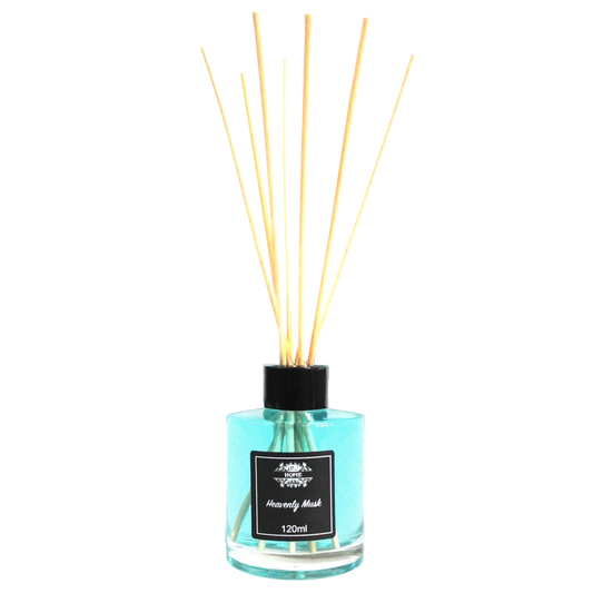 Zelyth Reed Diffuser - Heavenly Musk in a sleek glass bottle, designed to fill the room with a warm, calming musk fragrance, enhancing any space with elegance.