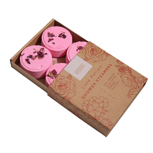 Zelyth Zen Shower Steamers - Love Potion. Infused with enchanting aromas to inspire romance and relaxation, these steamers elevate your self-care rituals. Transform your shower into a luxurious haven of soothing scents, promoting deep calm and a loving atmosphere.